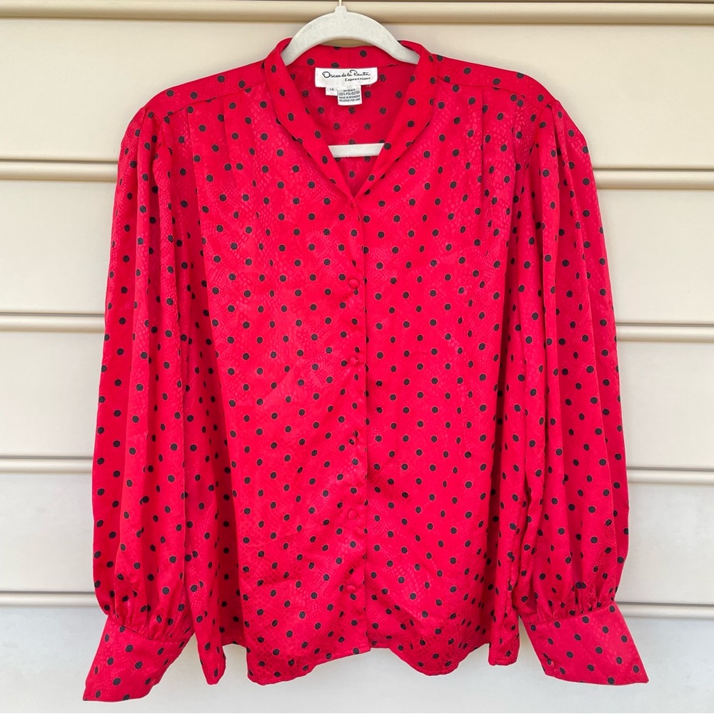 Vintage Oscar de la Renta Red Blouse Black Polka Dot Button Up Top Size 14